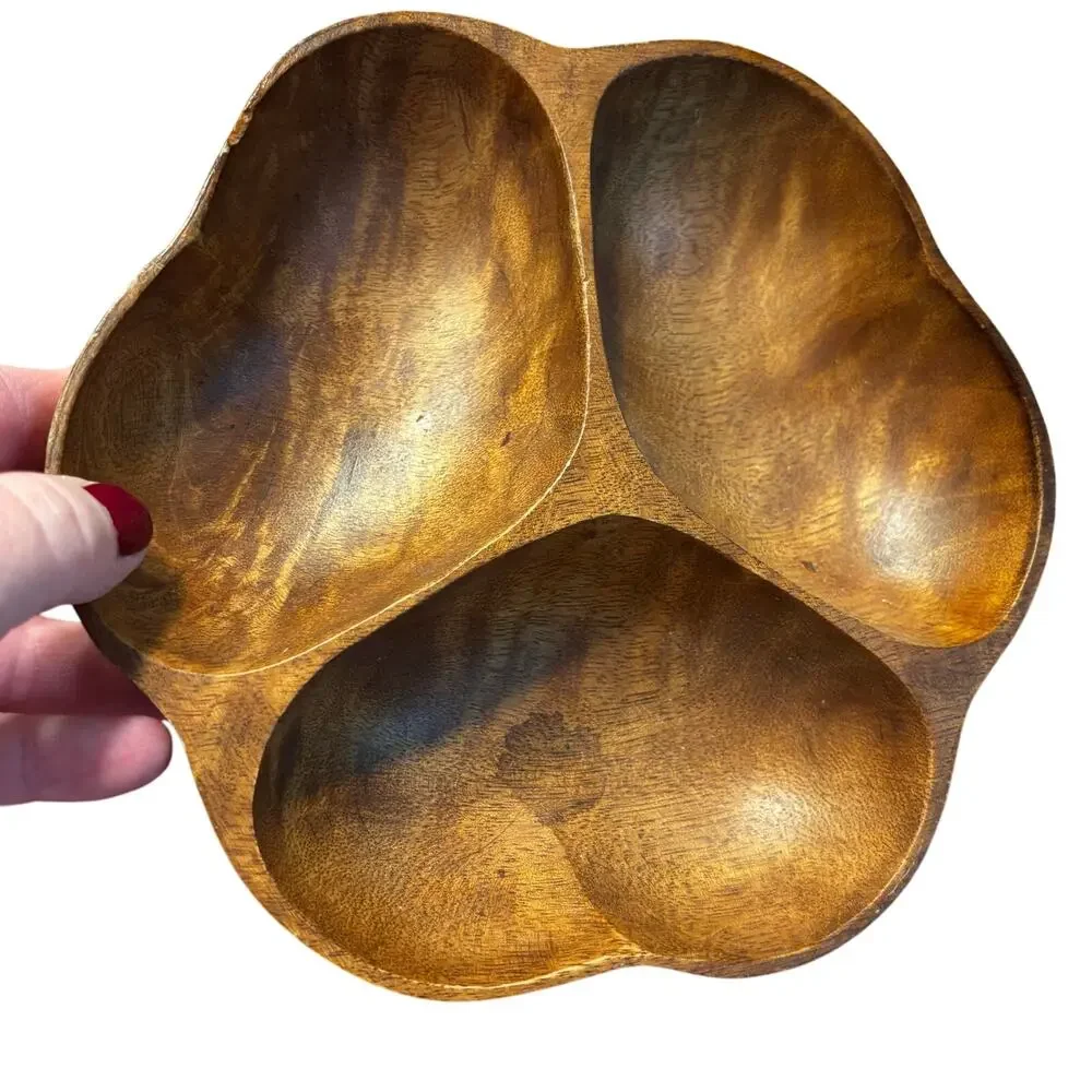 Carved wood 3-section snack serving tray bowl & matching mini wooden spoons set